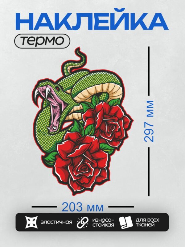 Термонаклейка на одежду DTF / Змея с красными розами, яркие цвета, динамичный стиль.