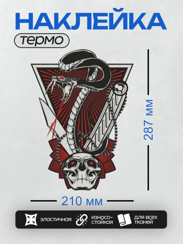 Термонаклейка на одежду DTF / Череп со змеей, геометрический стиль, агрессивный оскал.