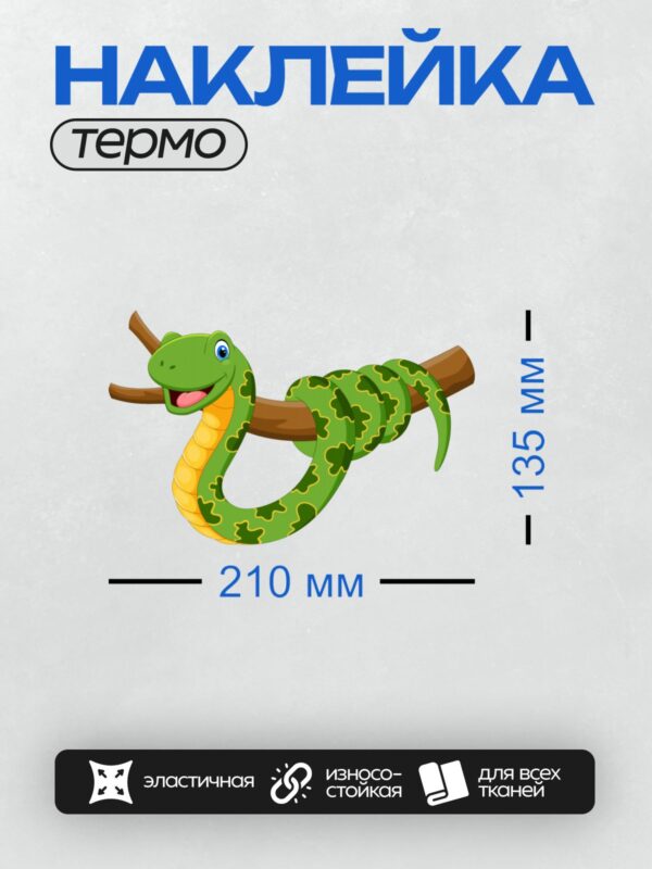 Термонаклейка на одежду DTF / Мультяшная зелёная змея с узором на ветке.