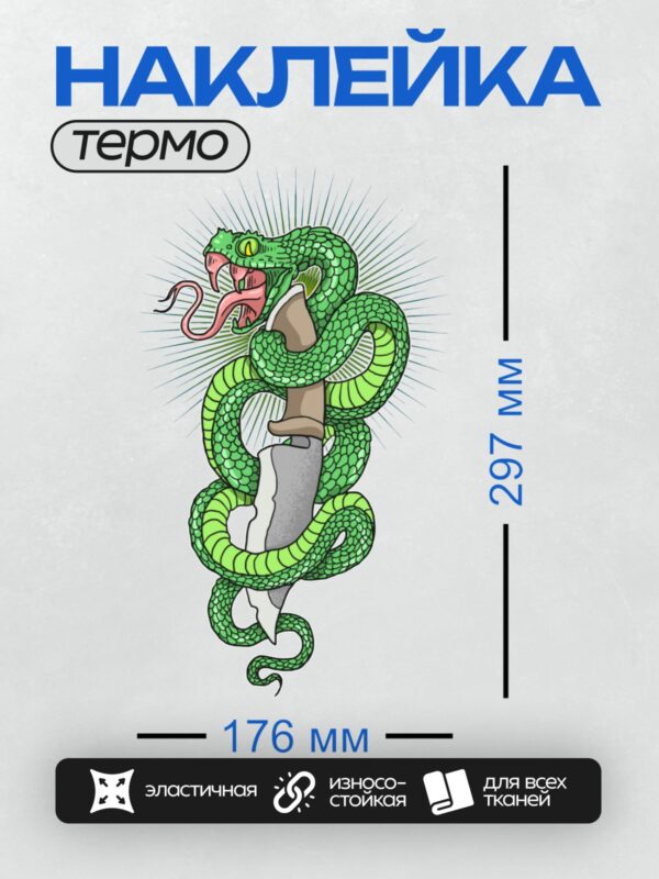 Термонаклейка на одежду DTF / Зеленая змея с открытой пастью обвивает кинжал.