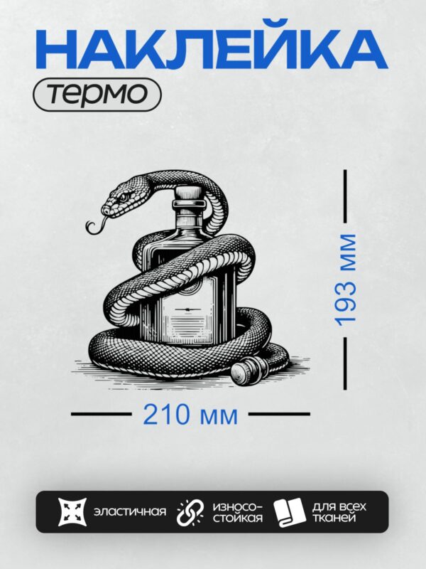 Термонаклейка на одежду DTF / Черно-белая змея обвивает бутылку, создавая абстрактный узор.