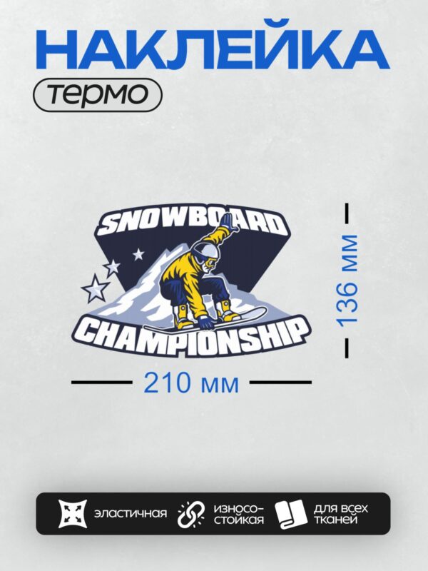 Термонаклейка на одежду DTF / Сноубордист на фоне гор и звезд, логотип чемпионата.