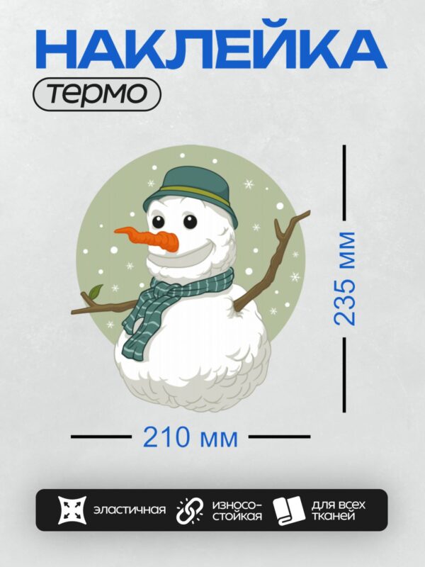 Термонаклейка на одежду DTF / Снеговик в шляпе, шарфе и с морковным носом.