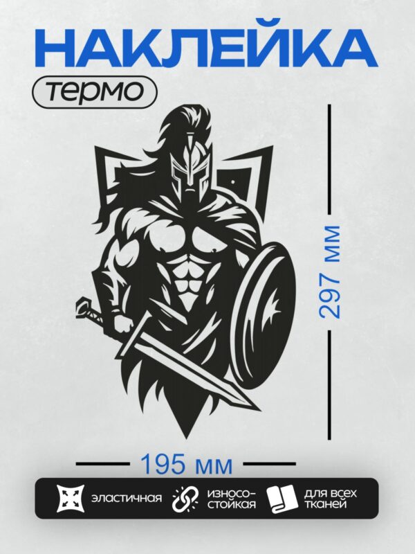 Термонаклейка на одежду DTF / Черно-белый спартанский воин с мечом и щитом.