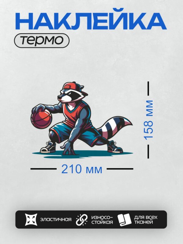 Термонаклейка на одежду DTF / Енот в спортивной форме играет в баскетбол.