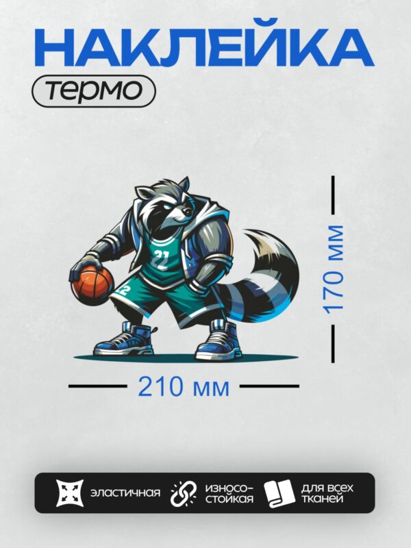 Термонаклейка на одежду DTF / Енот в баскетбольной форме с мячом, номер 21.