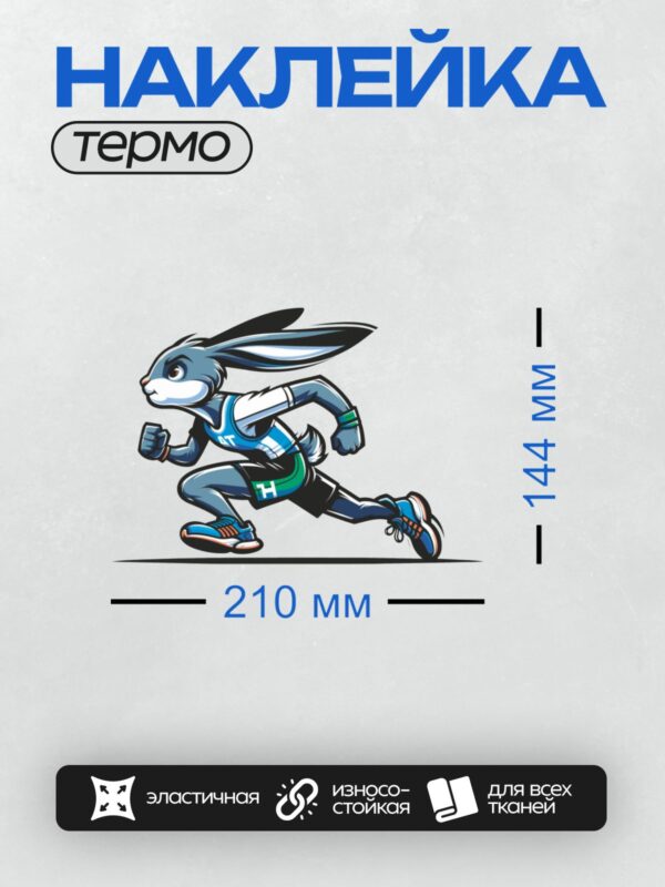 Термонаклейка на одежду DTF / Кролик в спортивной форме бежит в кроссовках.