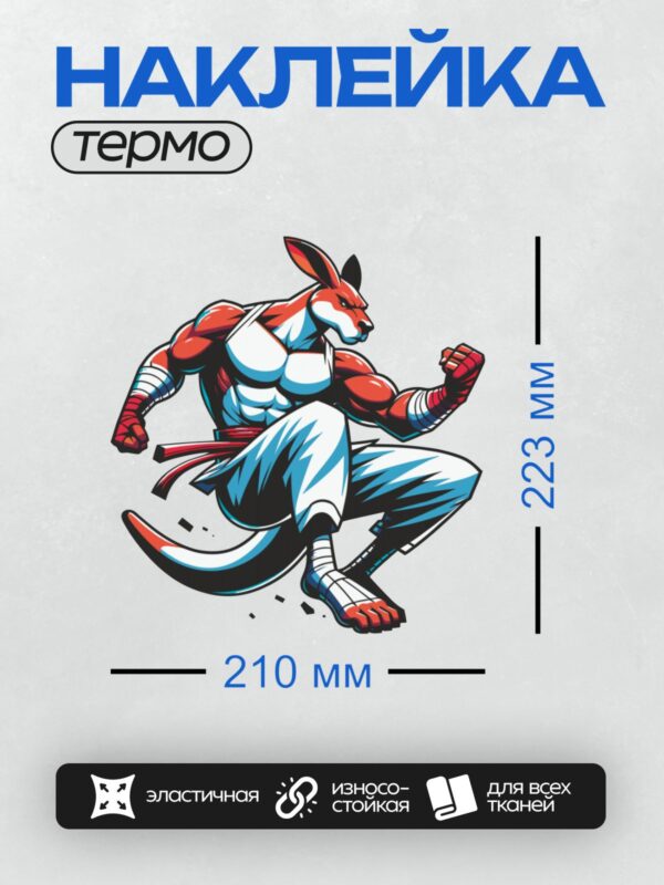 Термонаклейка на одежду DTF / Кенгуру в боевой стойке с красным поясом.