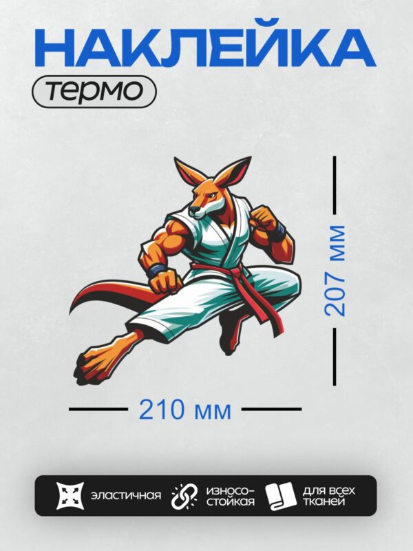 Термонаклейка на одежду DTF / Кенгуру в боевой стойке, одетый в кимоно с красным поясом.