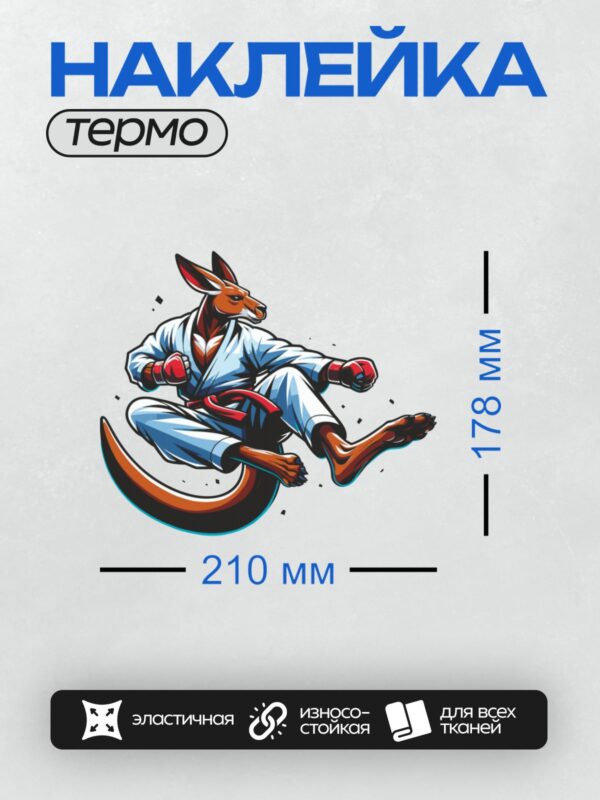 Термонаклейка на одежду DTF / Кенгуру в кимоно с красным поясом и боксерскими перчатками.