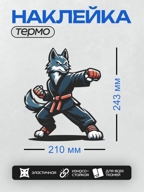 Термонаклейка на одежду DTF / Волк в кимоно с красным поясом и боксерскими перчатками.