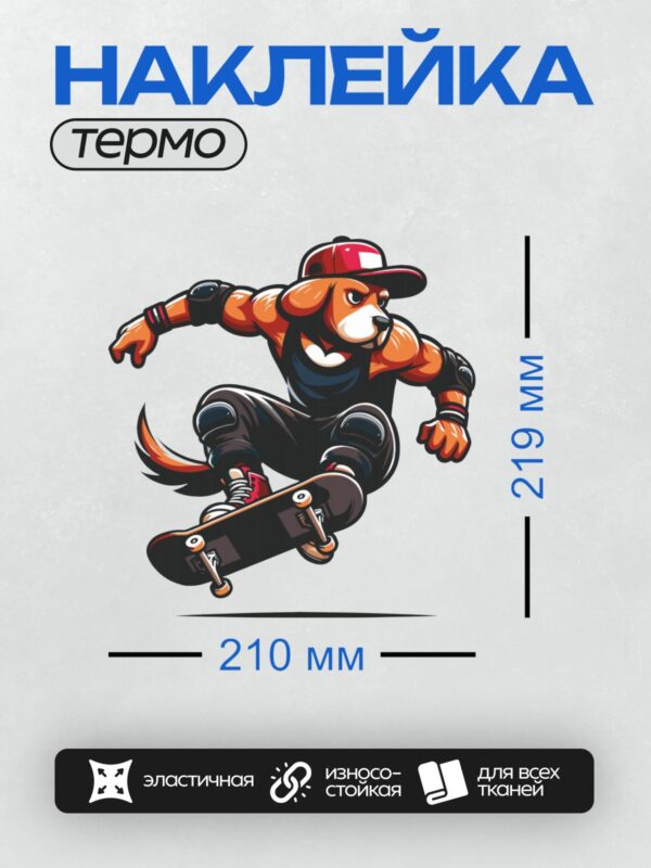 Термонаклейка на одежду DTF / Мускулистый пёс-скейтбордист в спортивной одежде.