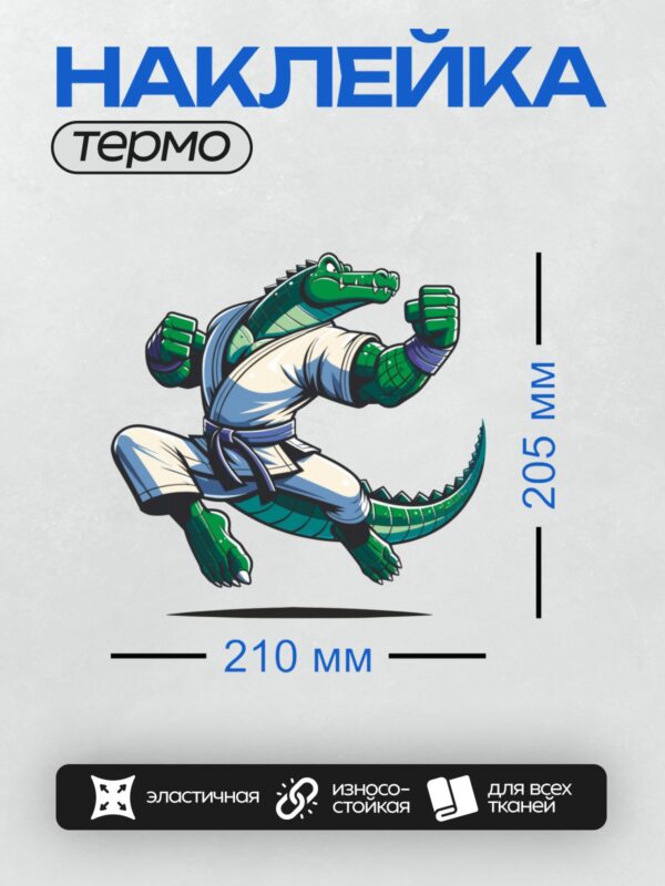 Термонаклейка на одежду DTF / Мультяшный крокодил в кимоно для карате.