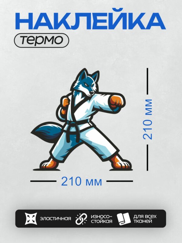 Термонаклейка на одежду DTF / Волк в кимоно с черным поясом в боевой стойке.