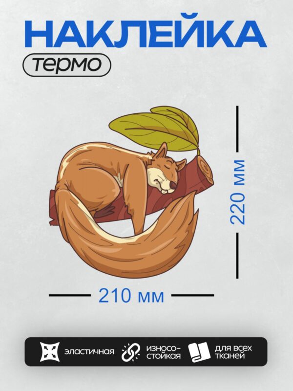 Термонаклейка на одежду DTF / Мультяшная белка спит на ветке под листом.