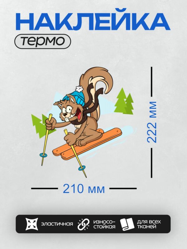 Термонаклейка на одежду DTF / Белка катается на лыжах по зимнему лесу.
