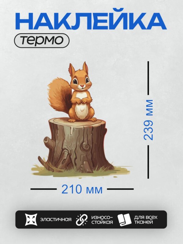 Термонаклейка на одежду DTF / Мультяшная белка сидит на пеньке, улыбается.