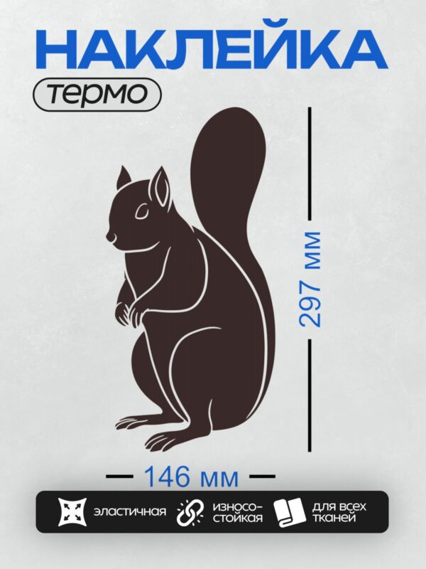Термонаклейка на одежду DTF / Черный силуэт белки на белом фоне.