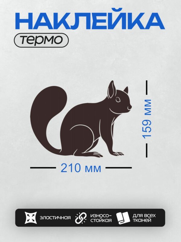 Термонаклейка на одежду DTF / Черный силуэт мультяшной белки на белом фоне.