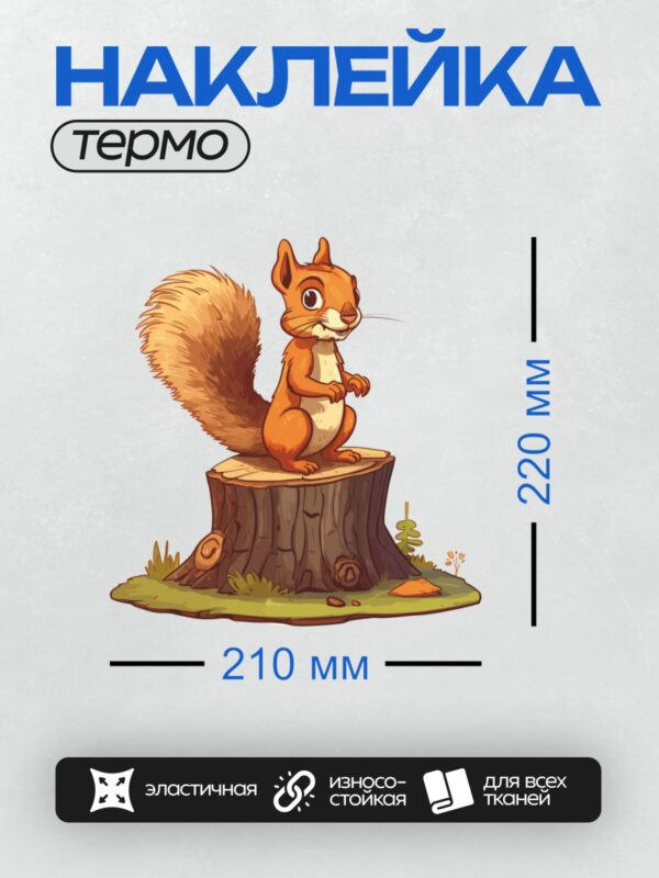 Термонаклейка на одежду DTF / Мультяшная белка сидит на пне, улыбается.