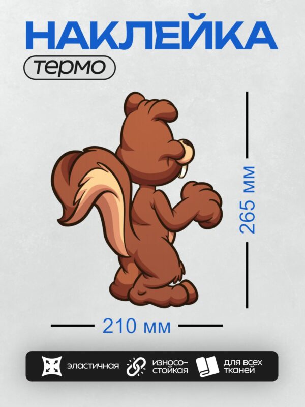 Термонаклейка на одежду DTF / Мультяшная белка с большими клыками и пушистым хвостом.