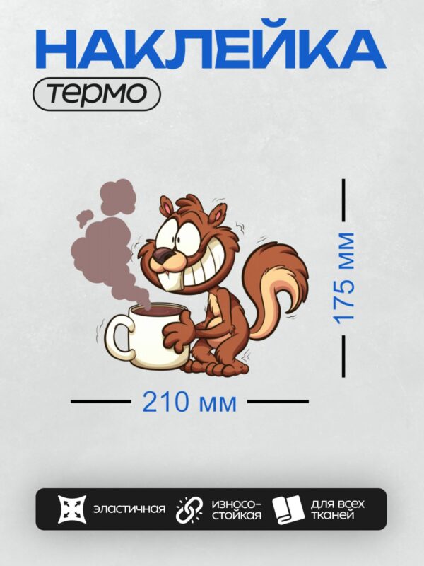 Термонаклейка на одежду DTF / Мультяшная белка с большими глазами пьет кофе.