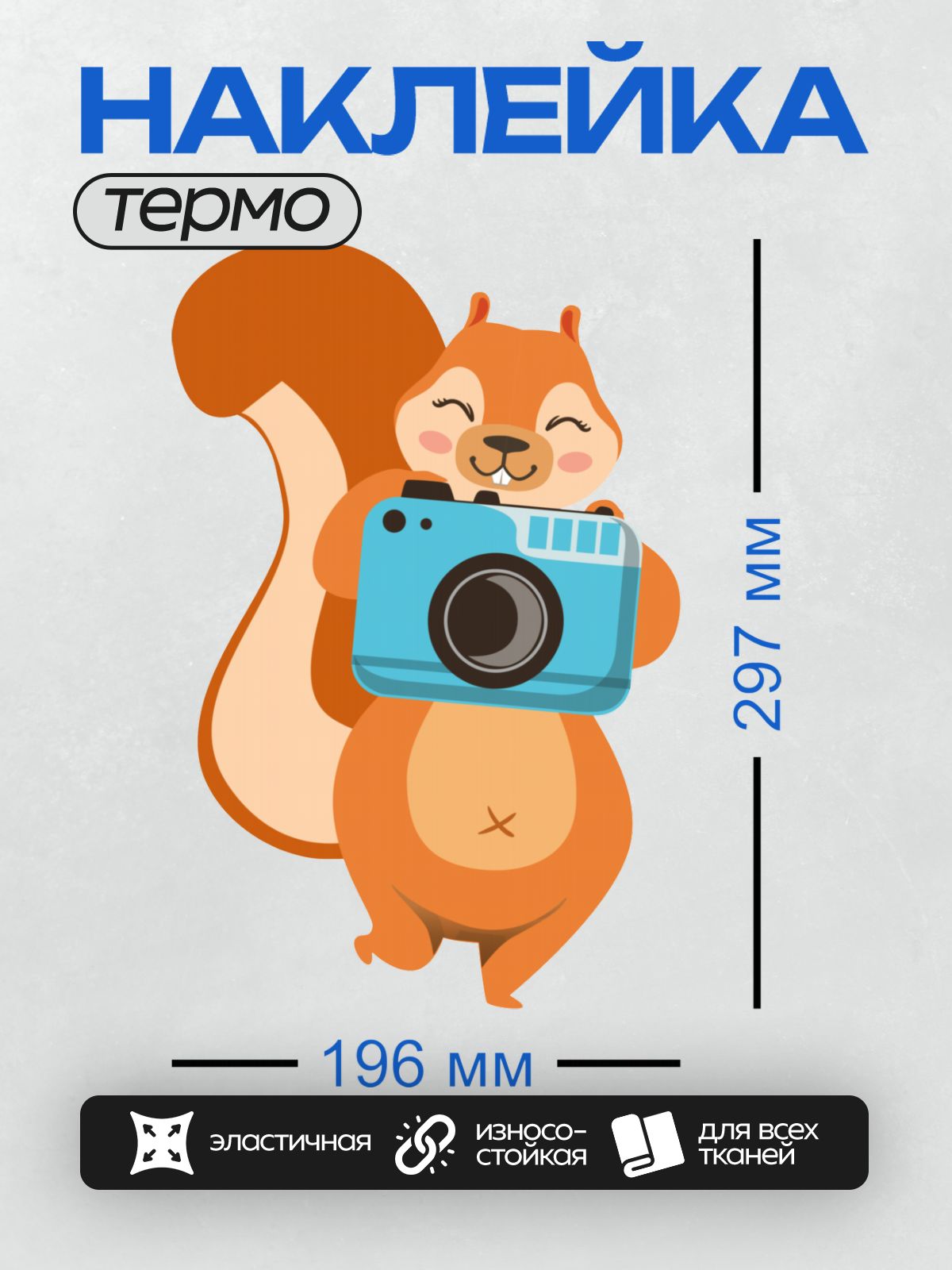 Термонаклейка на одежду DTF / Белка с фотоаппаратом улыбается и фотографирует.