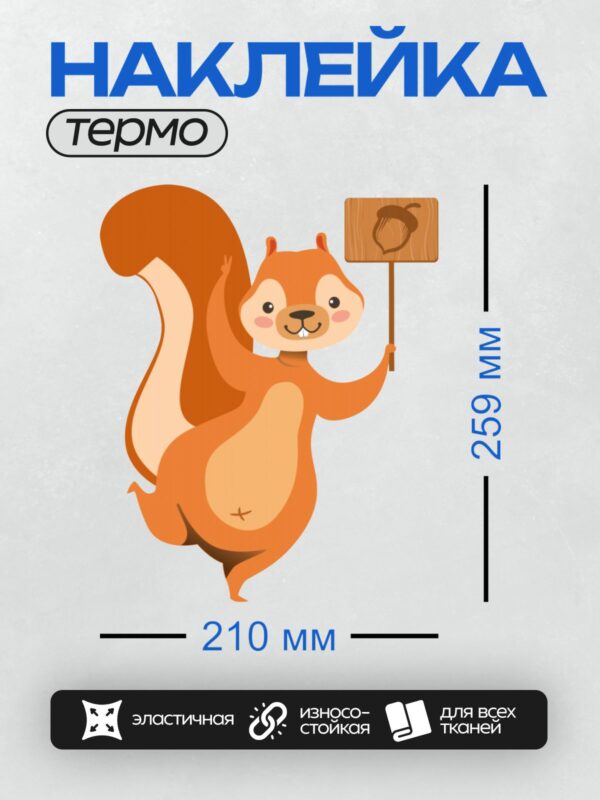 Термонаклейка на одежду DTF / Мультяшная белка держит табличку с желудем.