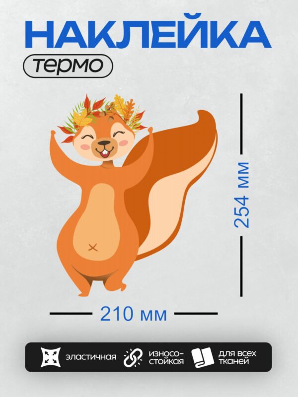 Термонаклейка на одежду DTF / Мультяшная белка с венком из осенних листьев.