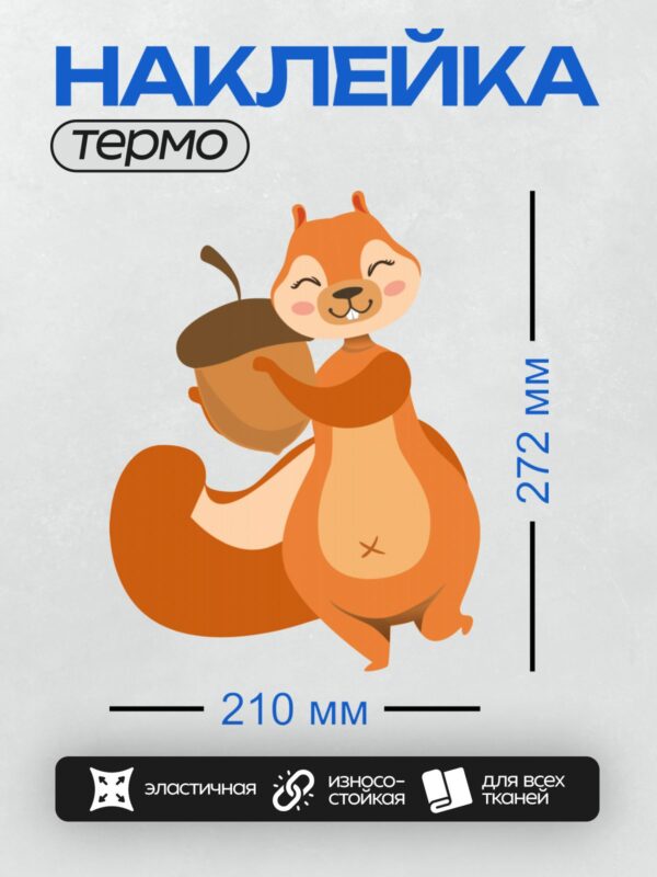 Термонаклейка на одежду DTF / Мультяшная белка с орехом, улыбающаяся и довольная.