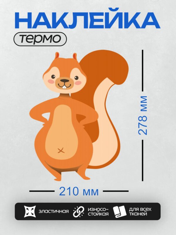 Термонаклейка на одежду DTF / Мультяшная белка с большим хвостом стоит, уперев лапки в бока.