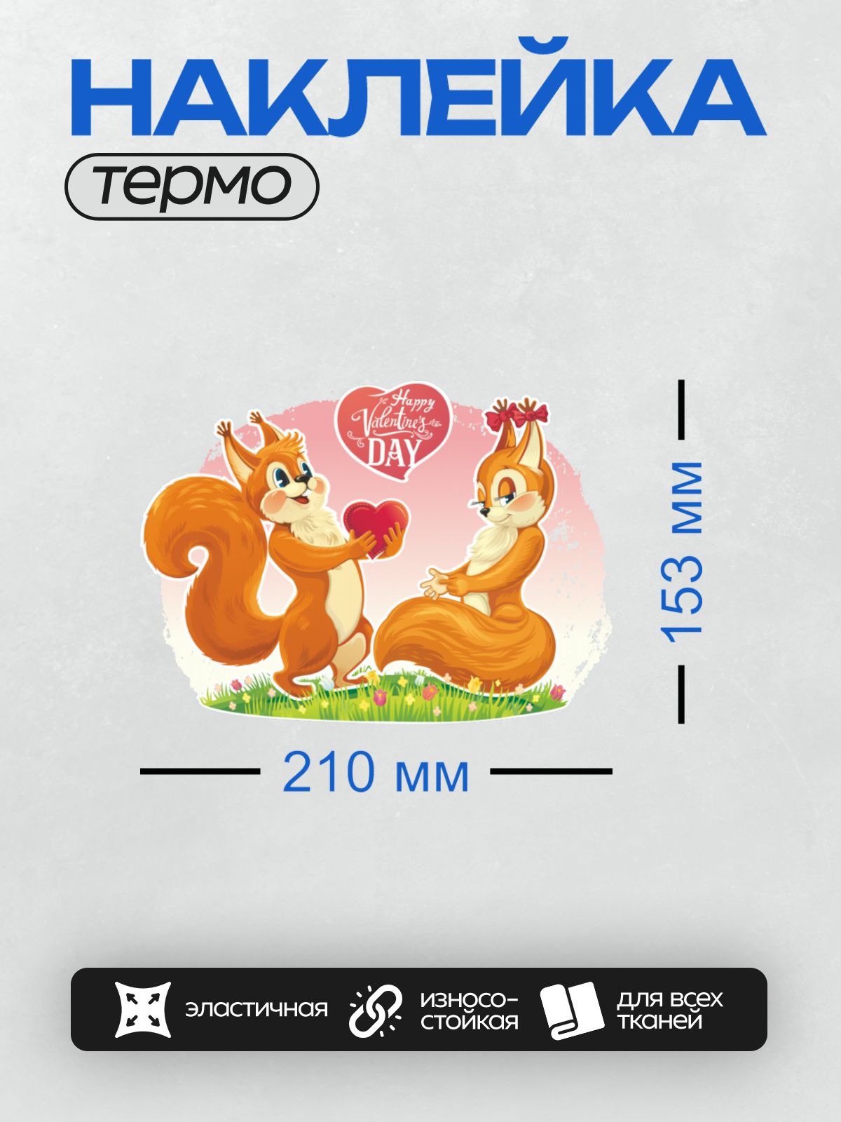 Термонаклейка на одежду DTF / Белки на траве с сердцем и надписью ко Дню святого Валентина.