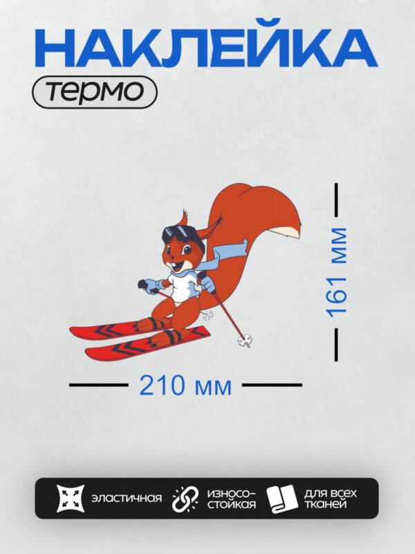 Термонаклейка на одежду DTF / Мультяшная белка на лыжах в спортивной позе.