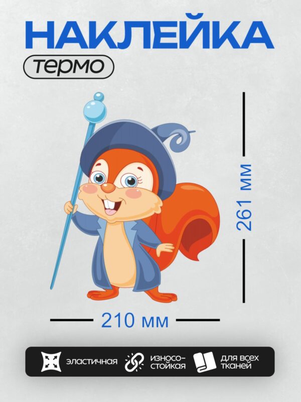 Термонаклейка на одежду DTF / Мультяшная белка в шляпе волшебника с посохом.