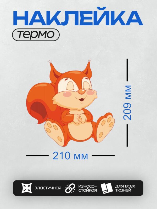 Термонаклейка на одежду DTF / Мультяшная белка с пушистым хвостом, ярко-рыжая, с большими глазами и милой улыбкой.