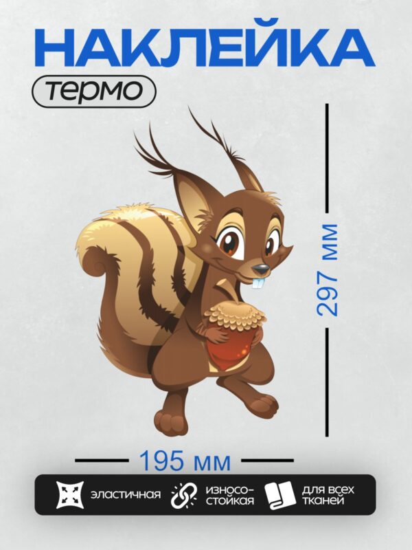 Термонаклейка на одежду DTF / Мультяшная белка с орехом в лапках.