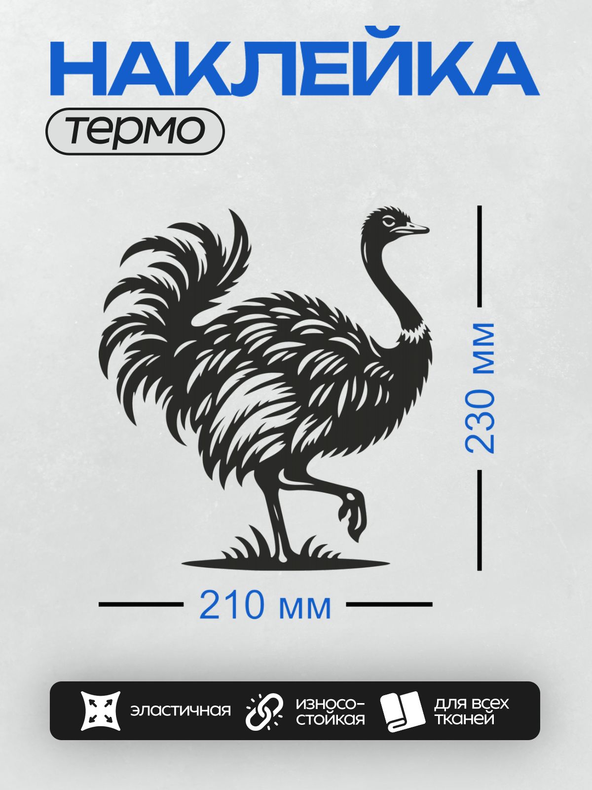 Термонаклейка на одежду DTF / Черный страус в движении на белом фоне.