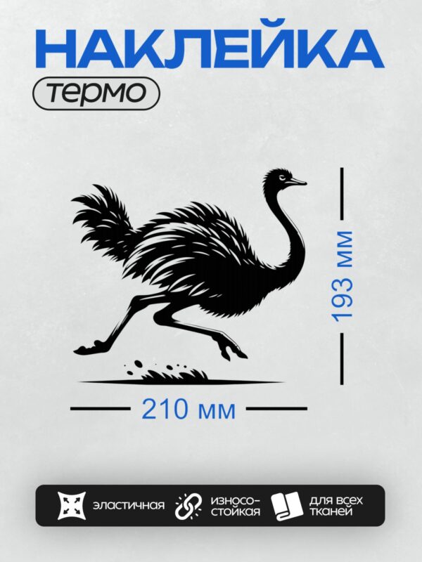 Термонаклейка на одежду DTF / Черный силуэт страуса в движении на белом фоне.