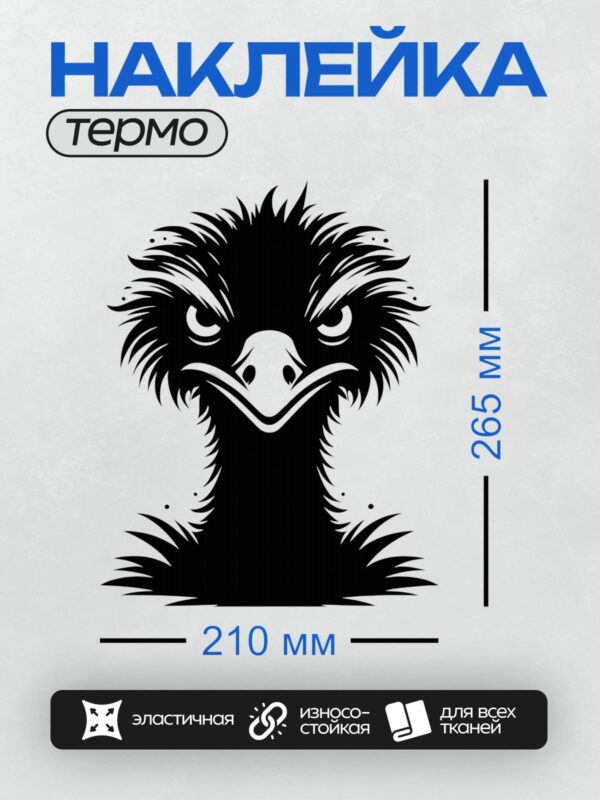 Термонаклейка на одежду DTF / Стилизованный черный страус на белом фоне.