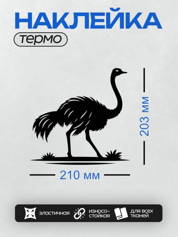 Термонаклейка на одежду DTF / Черный силуэт страуса на белом фоне.