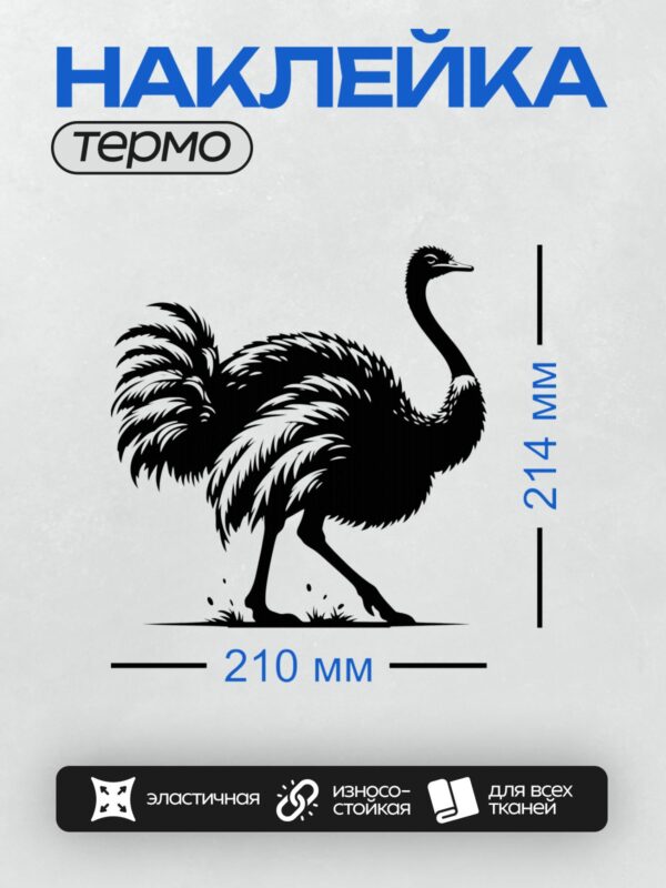 Термонаклейка на одежду DTF / Черно-белый силуэт африканского страуса в движении.