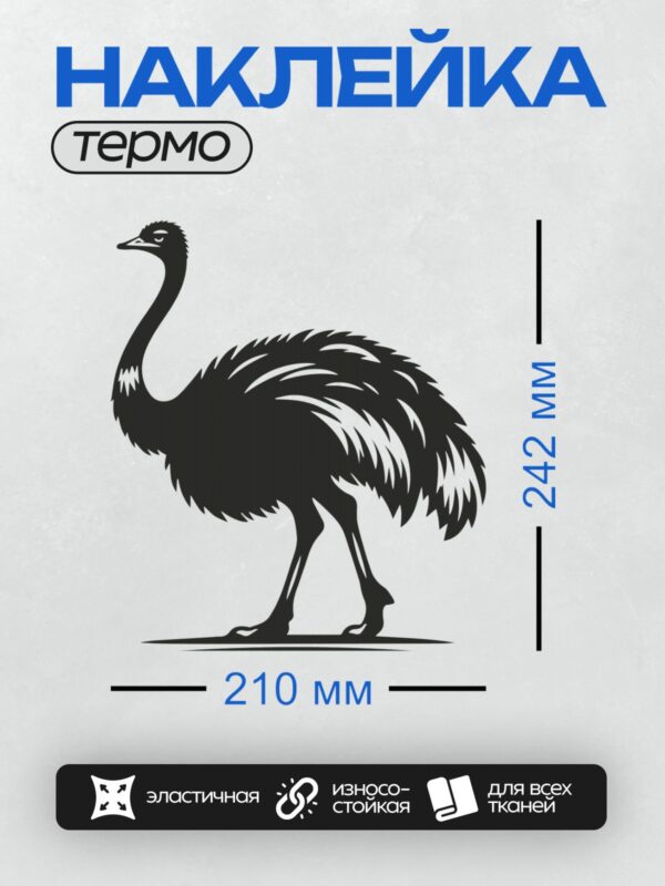 Термонаклейка на одежду DTF / Чёрный силуэт страуса на белом фоне.