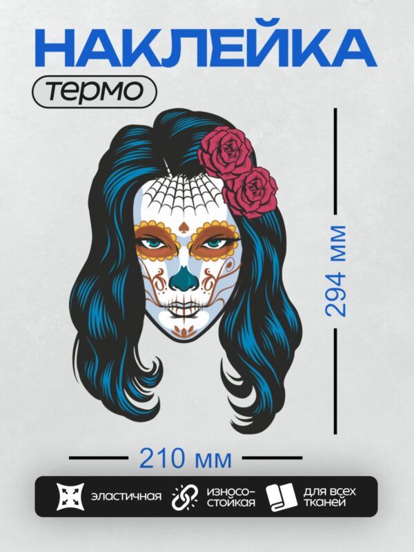 Термонаклейка на одежду DTF / Мексиканский череп с розами и цветочным узором.