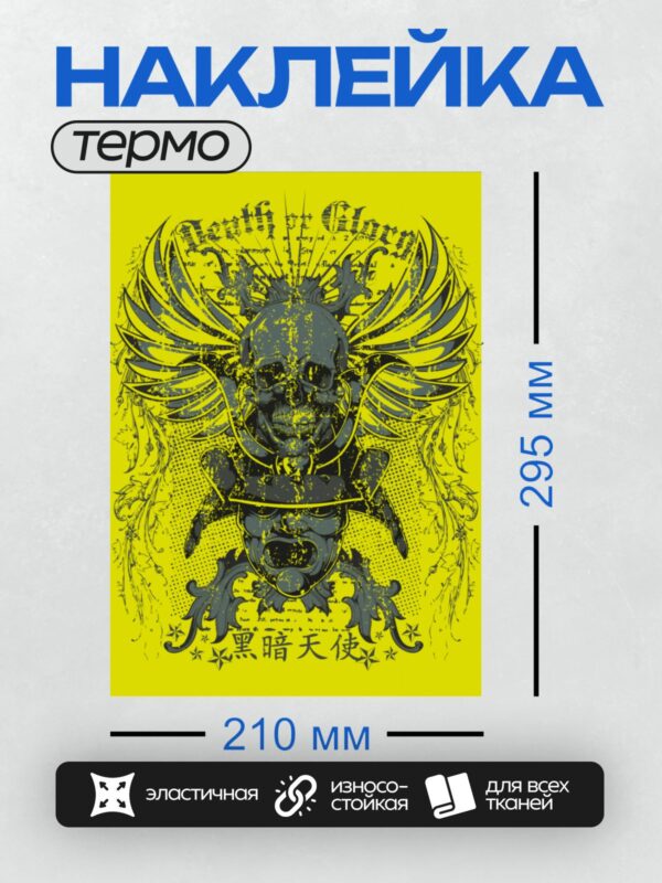 Термонаклейка на одежду DTF / Череп с крыльями, маска самурая, яркие контрасты.