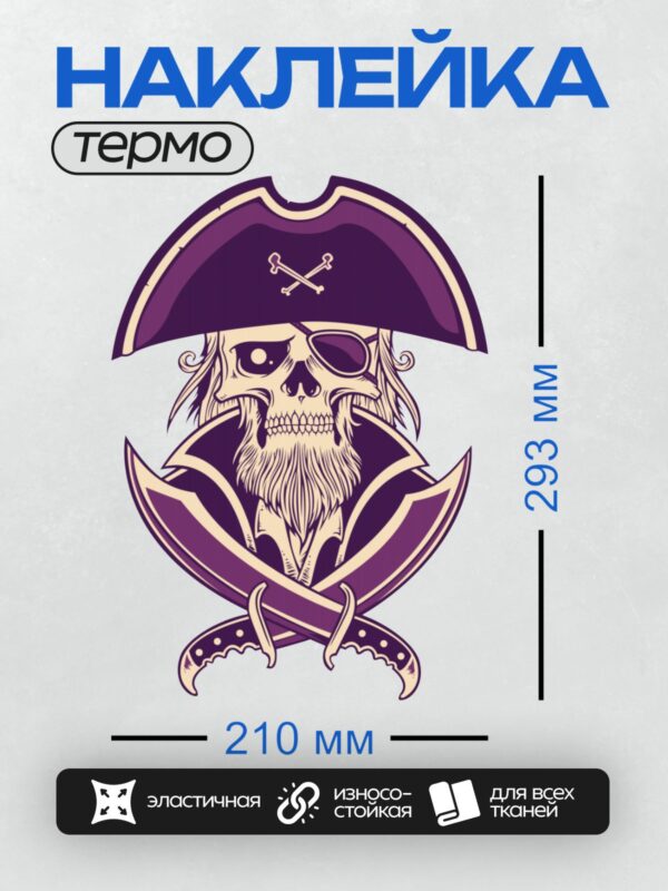 Термонаклейка на одежду DTF / Пиратский череп в шляпе, с саблями и костями.