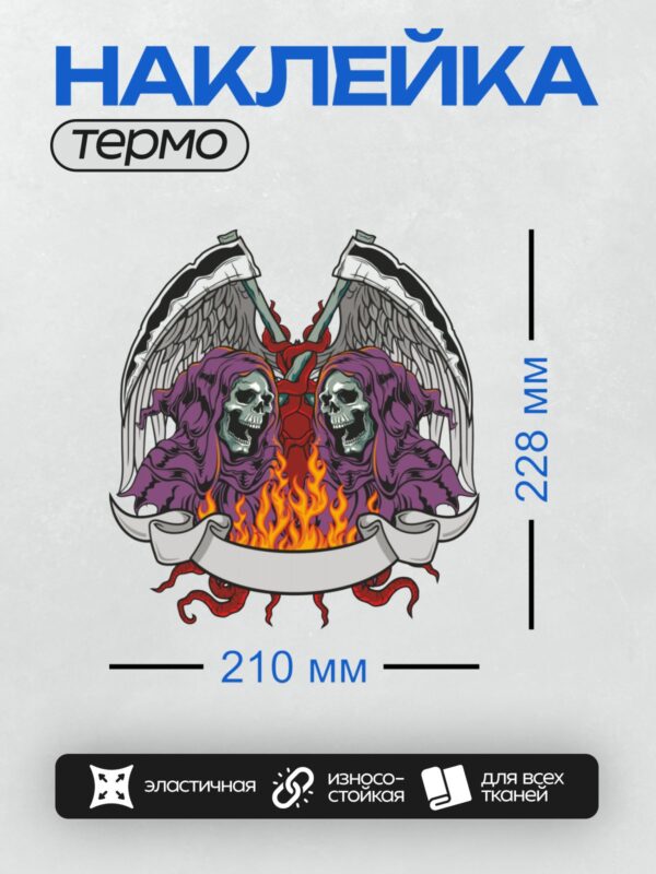 Термонаклейка на одежду DTF / Два черепа в капюшонах, крылья, косы, пламя.