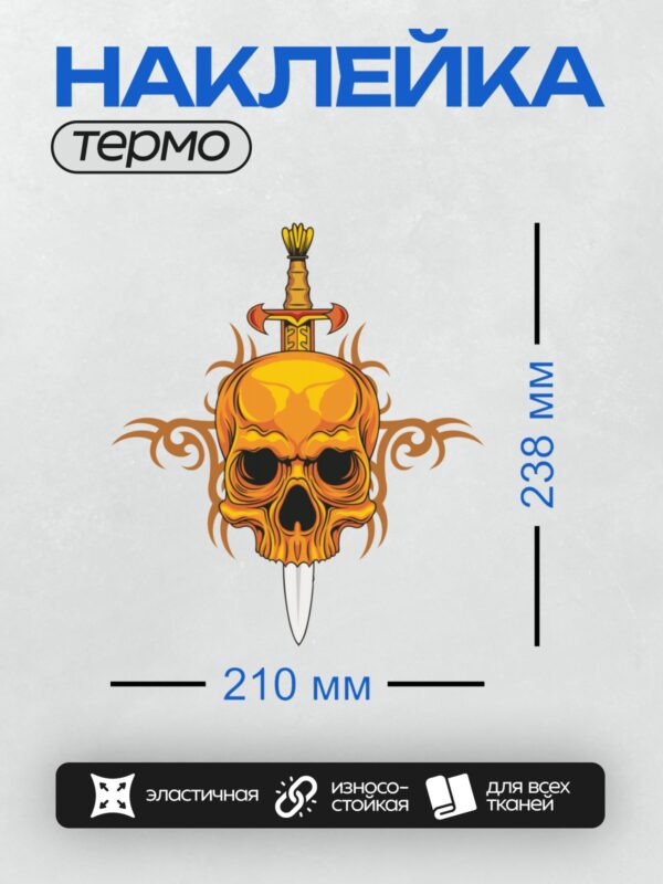 Термонаклейка на одежду DTF / Череп, пронзённый кинжалом, с огненным узором.