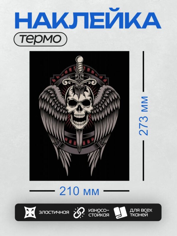 Термонаклейка на одежду DTF / Череп с крыльями и мечом на темном фоне.