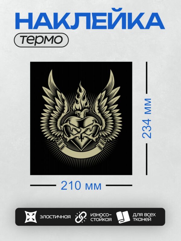 Термонаклейка на одежду DTF / Горящее сердце с крыльями, шипами и лентой.