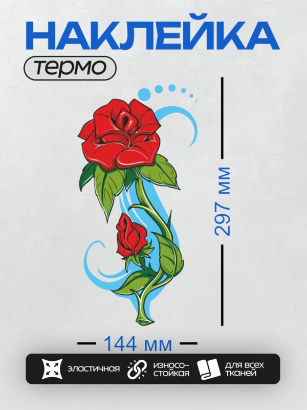Термонаклейка на одежду DTF / Мультяшная роза с двумя цветами и зелёными листьями.